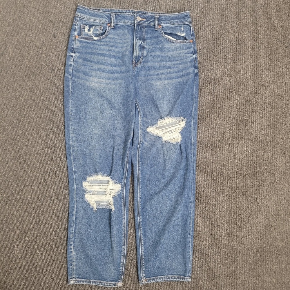 American Eagle 14 Mom Jeans Womens Blue Distressed High Rise Stretch Denim